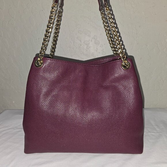 Michael Kors Jet Set Large Gold Chain Plum Grain Leather Shoulder Bag Tote - Picture 5 of 16